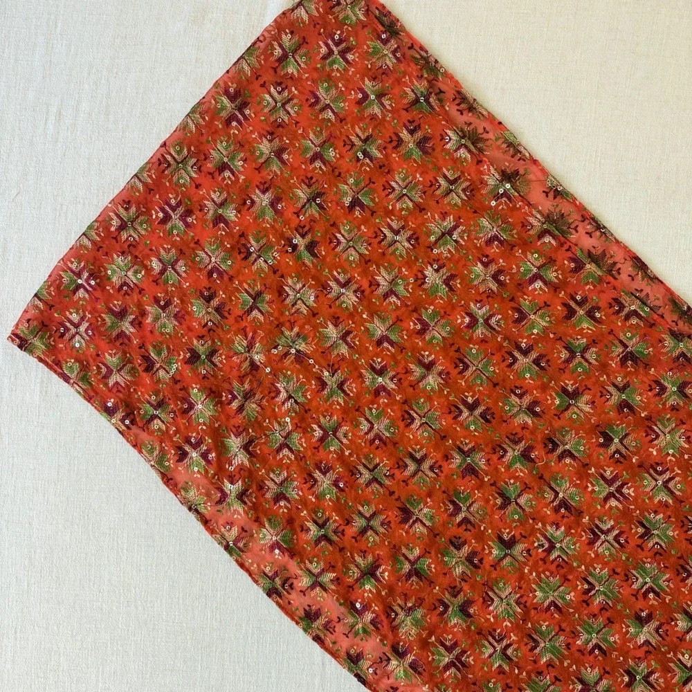 Raj Embroidered Sequin Infinity Scarf One Size Orange 100%‎ Silk Floral Bohemian